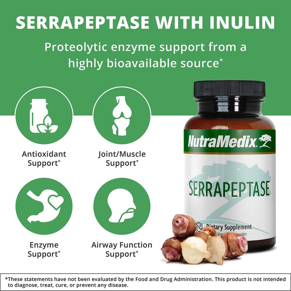 NutraMedix Serrapeptase bottle side view emphasizing room-temperature storage.