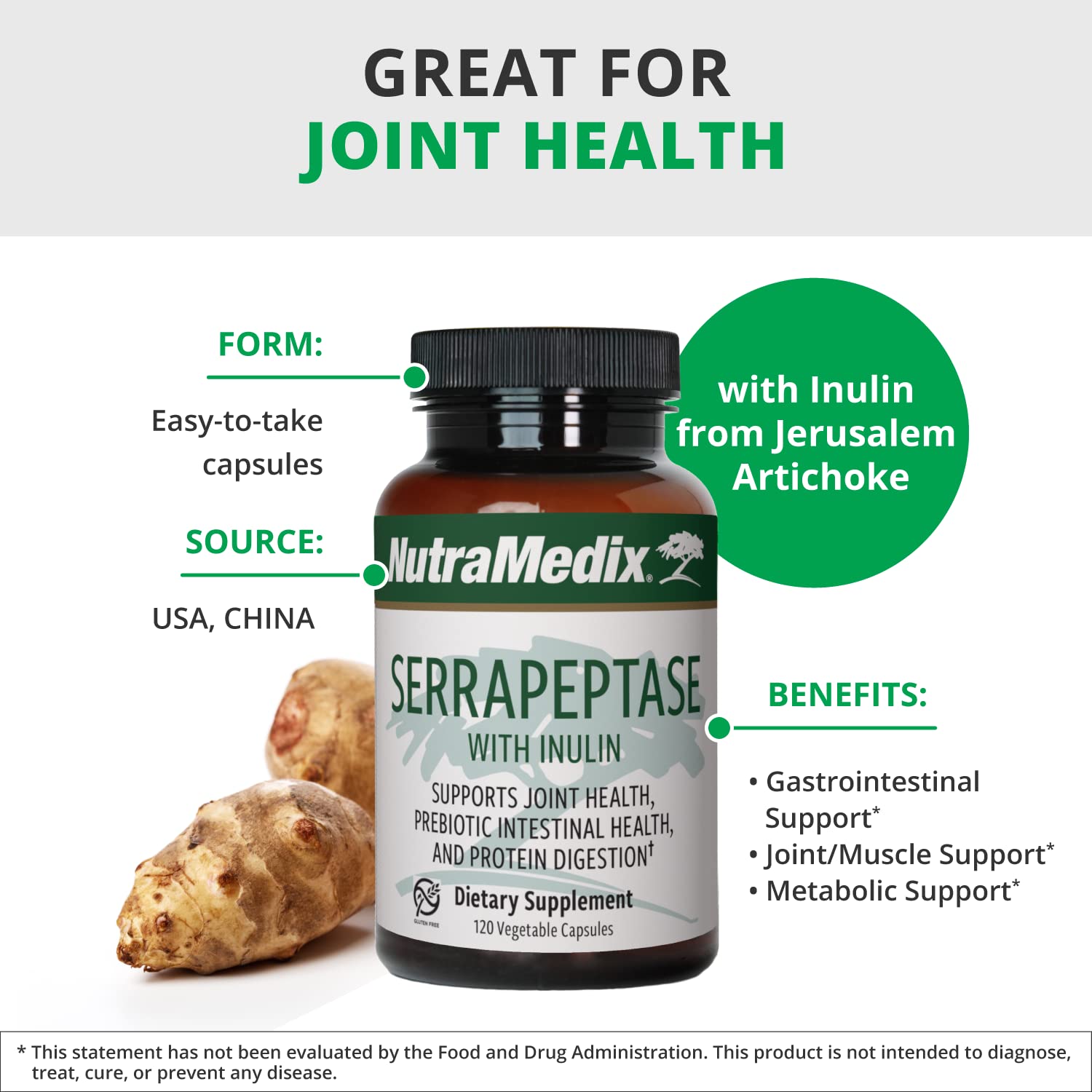 NutraMedix Serrapeptase with inulin image showing prebiotic fibers for gut health.