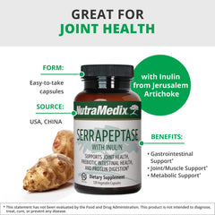 NutraMedix Serrapeptase with inulin image showing prebiotic fibers for gut health.