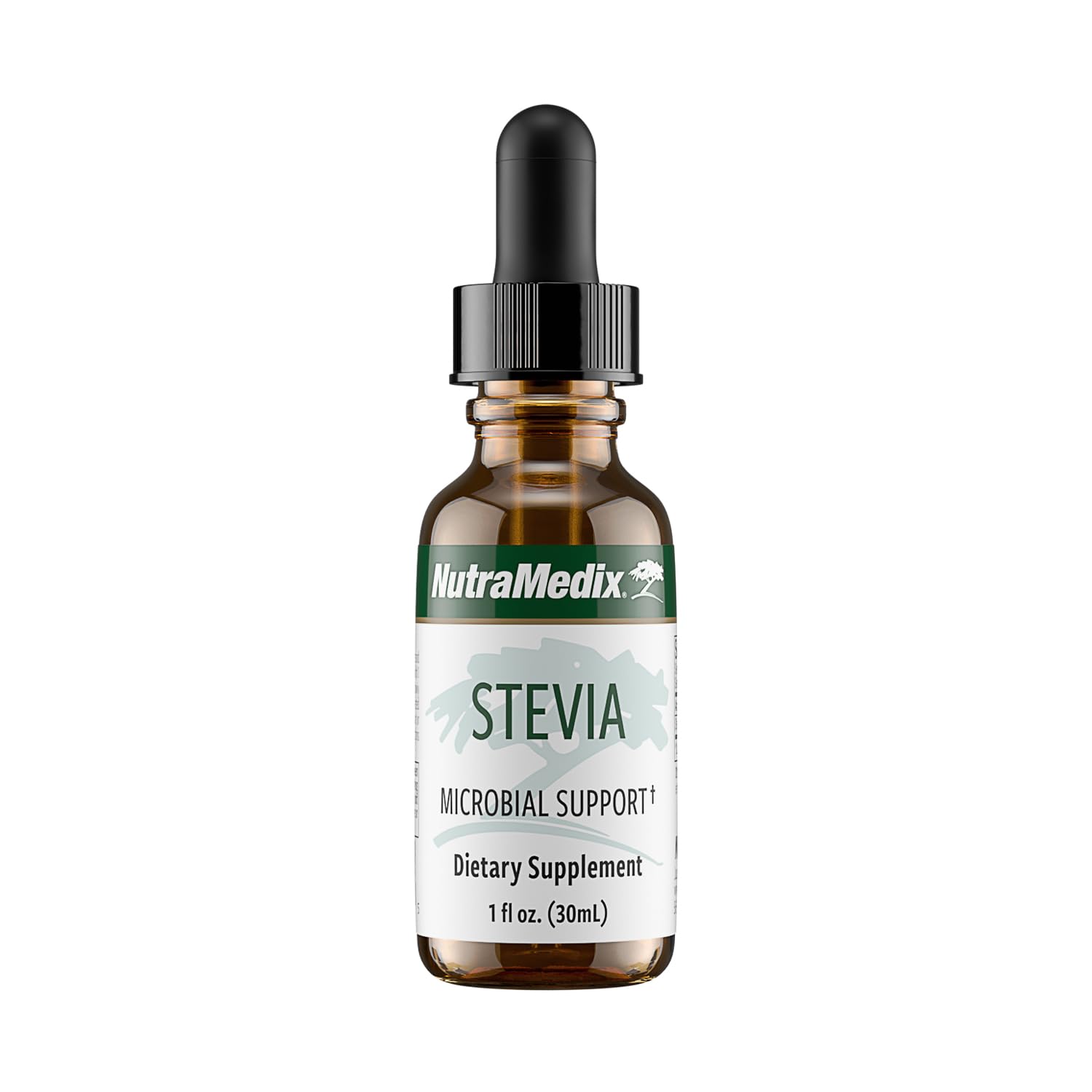 NutraMedix Stevia liquid drops bottle shows natural sweetness with microbial support.