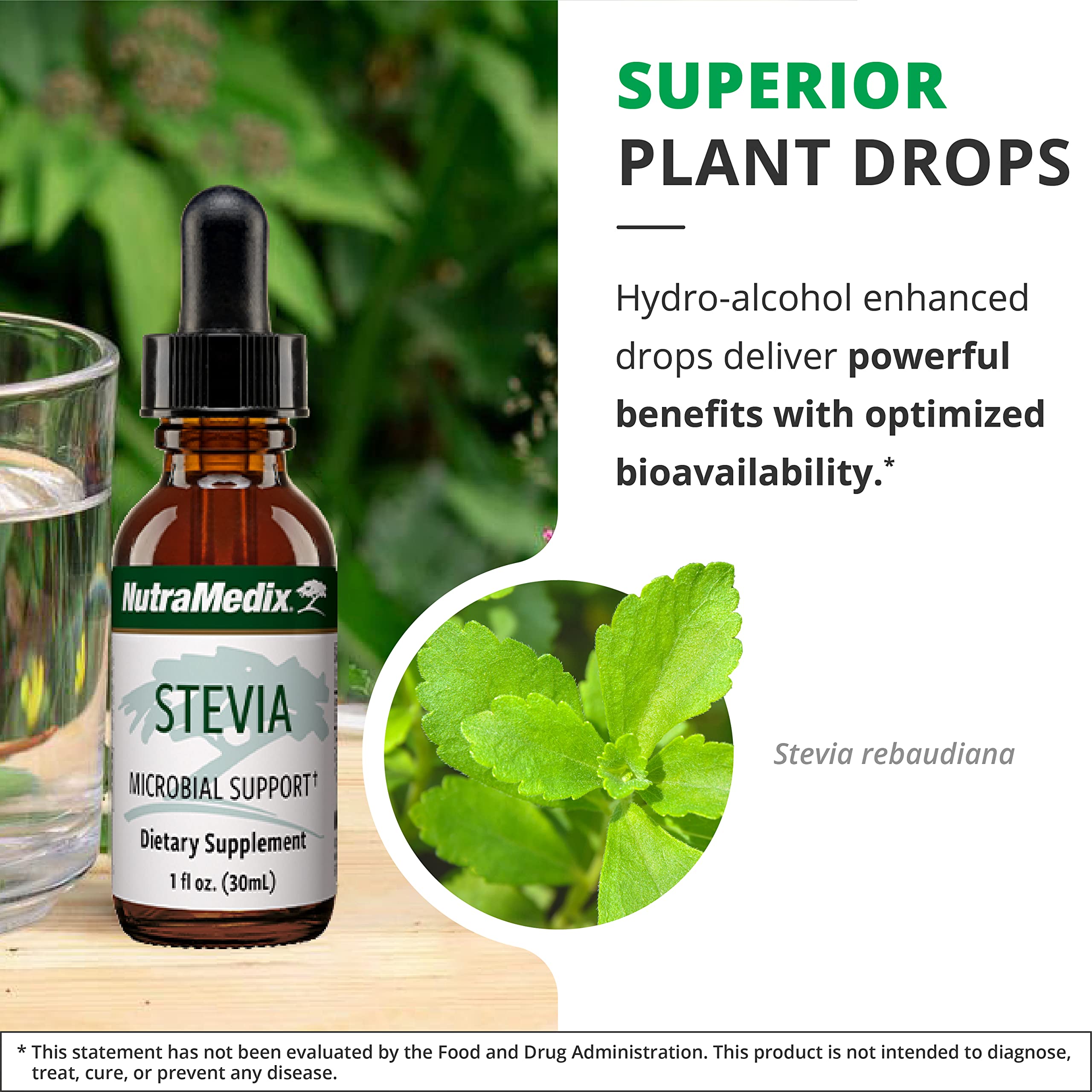 NutraMedix Stevia liquid drops in a glass for easy flavor.