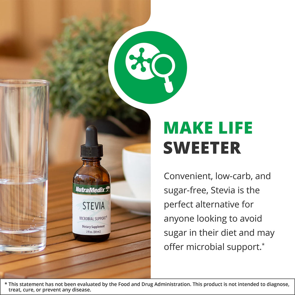 NutraMedix Stevia liquid drops label front highlights stevia origins.