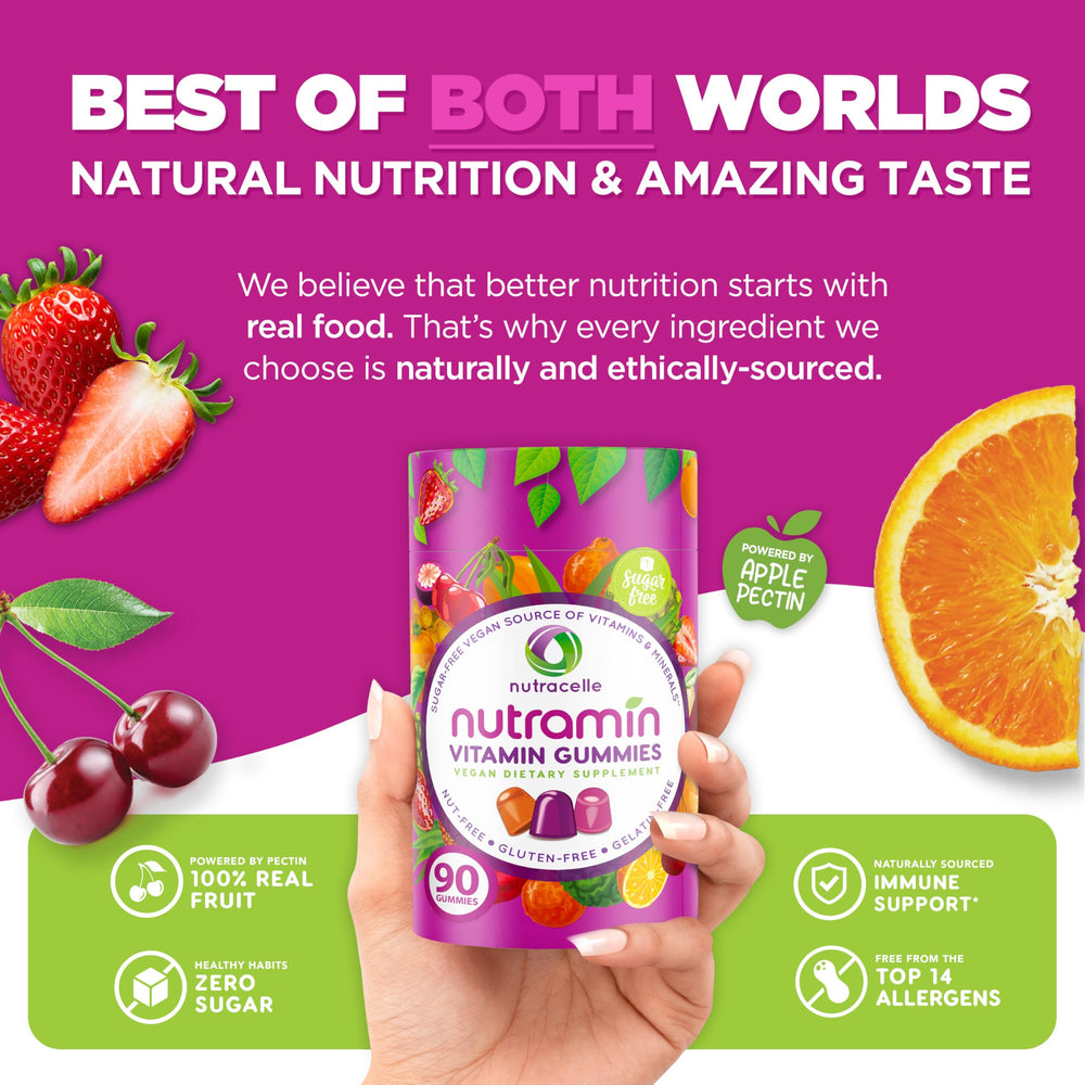 Nutramin gummies in strawberry, cherry, orange flavors