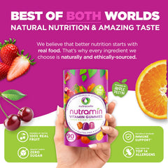 Nutramin gummies in strawberry, cherry, orange flavors