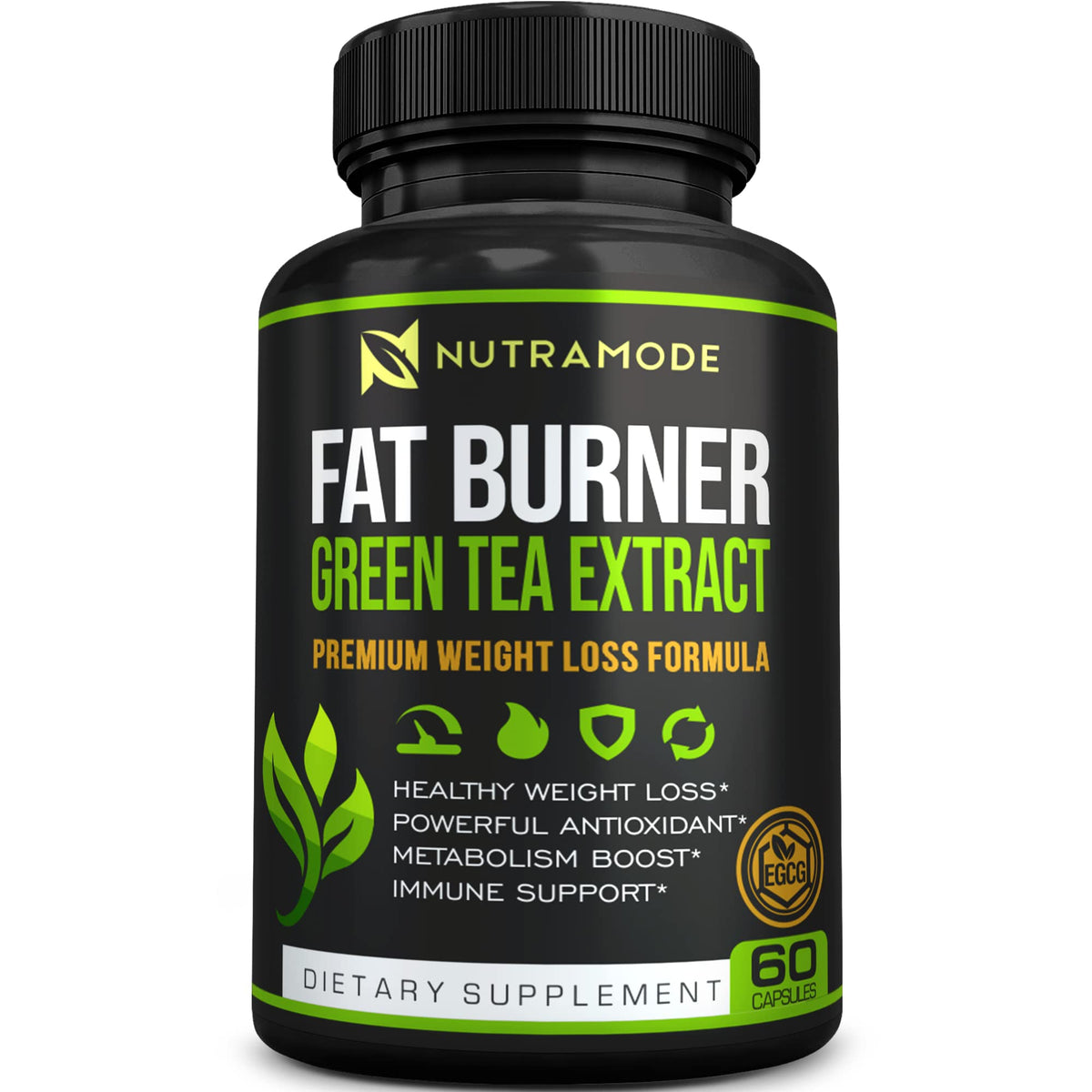 Nutramode green tea extract bottle shows antioxidant-rich formula for energy.