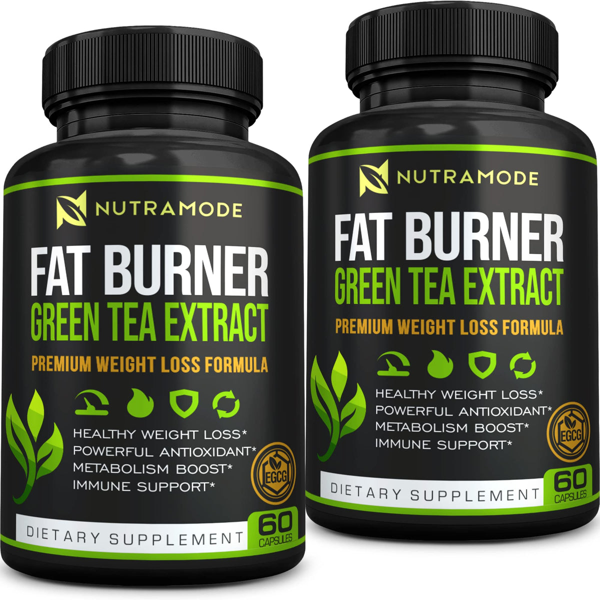 NUTRAMODE Premium Green Tea Extract bottle signals energy support and fat management.