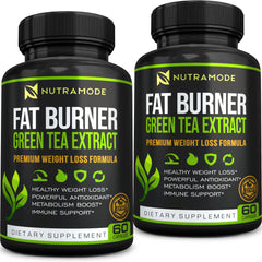 NUTRAMODE Premium Green Tea Extract bottle signals energy support and fat management.