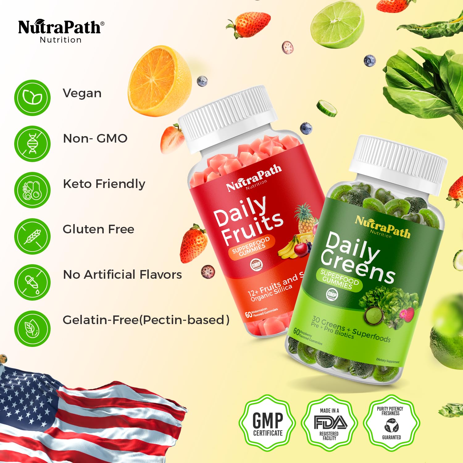 NutraPath Superfood Gummies closeup of ingredients with 40+ fruits and vegetables.