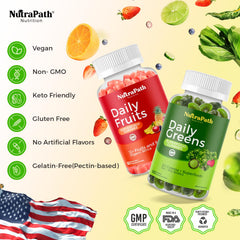 NutraPath Superfood Gummies closeup of ingredients with 40+ fruits and vegetables.