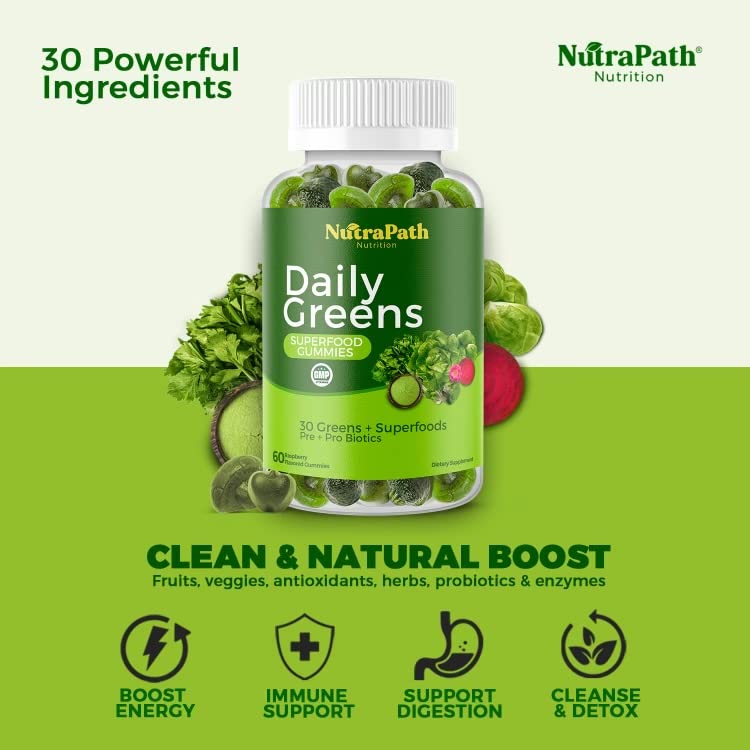 NutraPath SuperGreens gummy close-up, glossy texture for tasting.