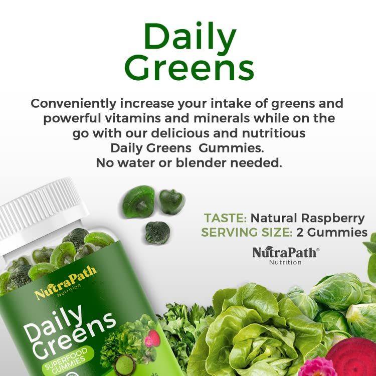 NutraPath SuperGreens ingredients illustration, highlights pomegranate and greens.