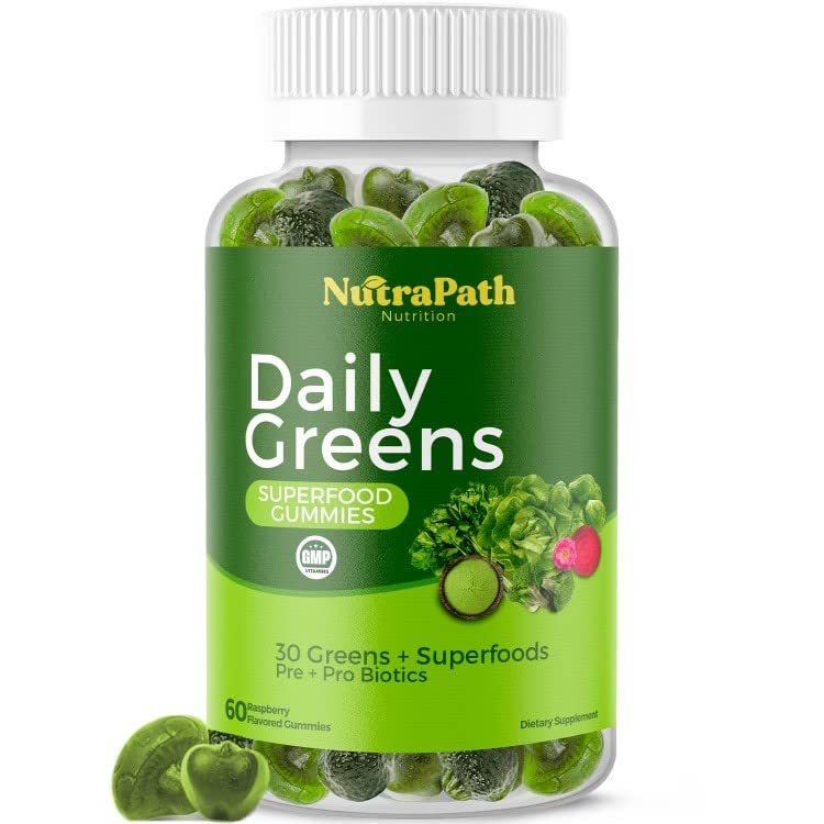 NutraPath SuperGreens raspberry gummies, front bottle, convenient daily greens boost.