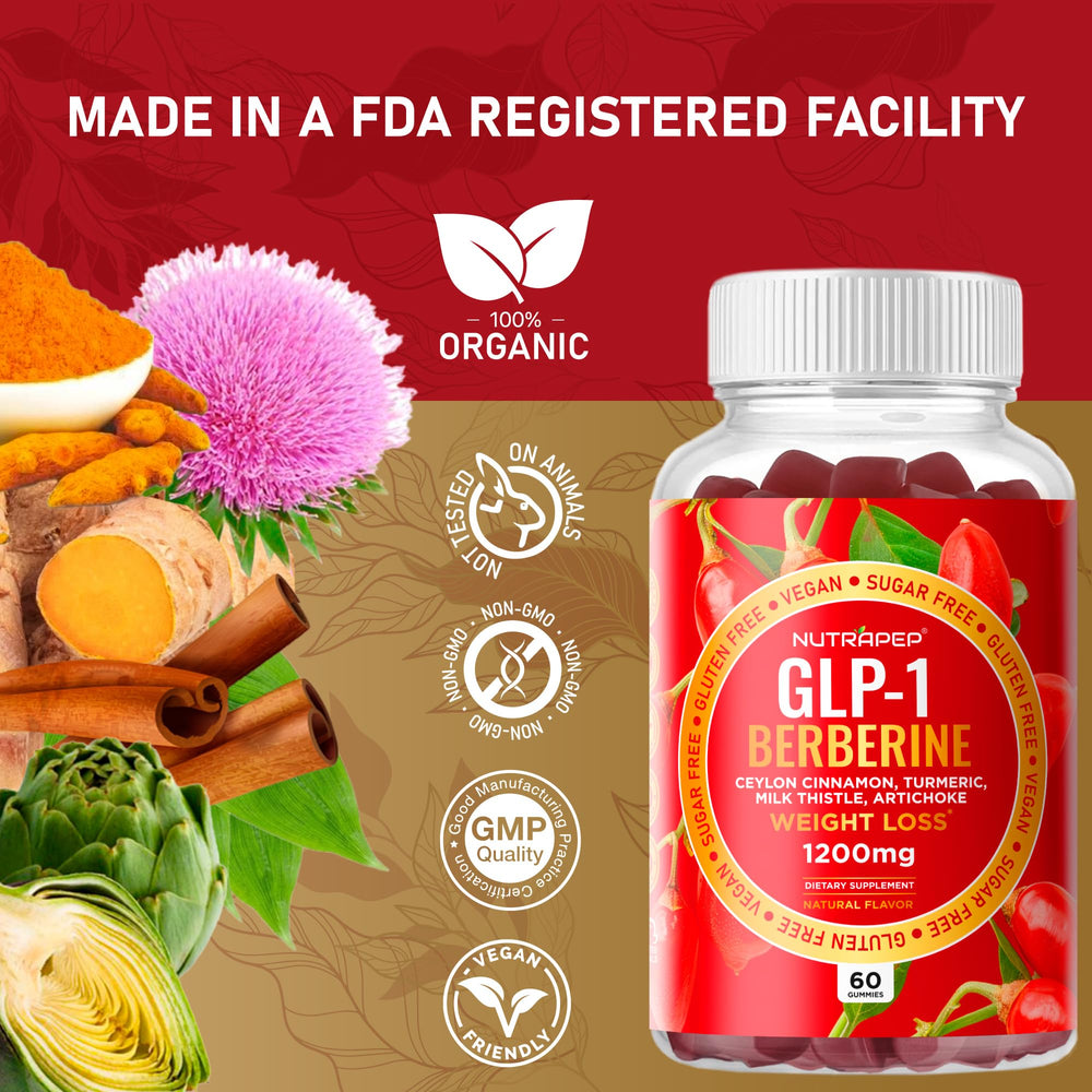 NutraPep Berberine gummies closeup emphasizes gummy texture and color.