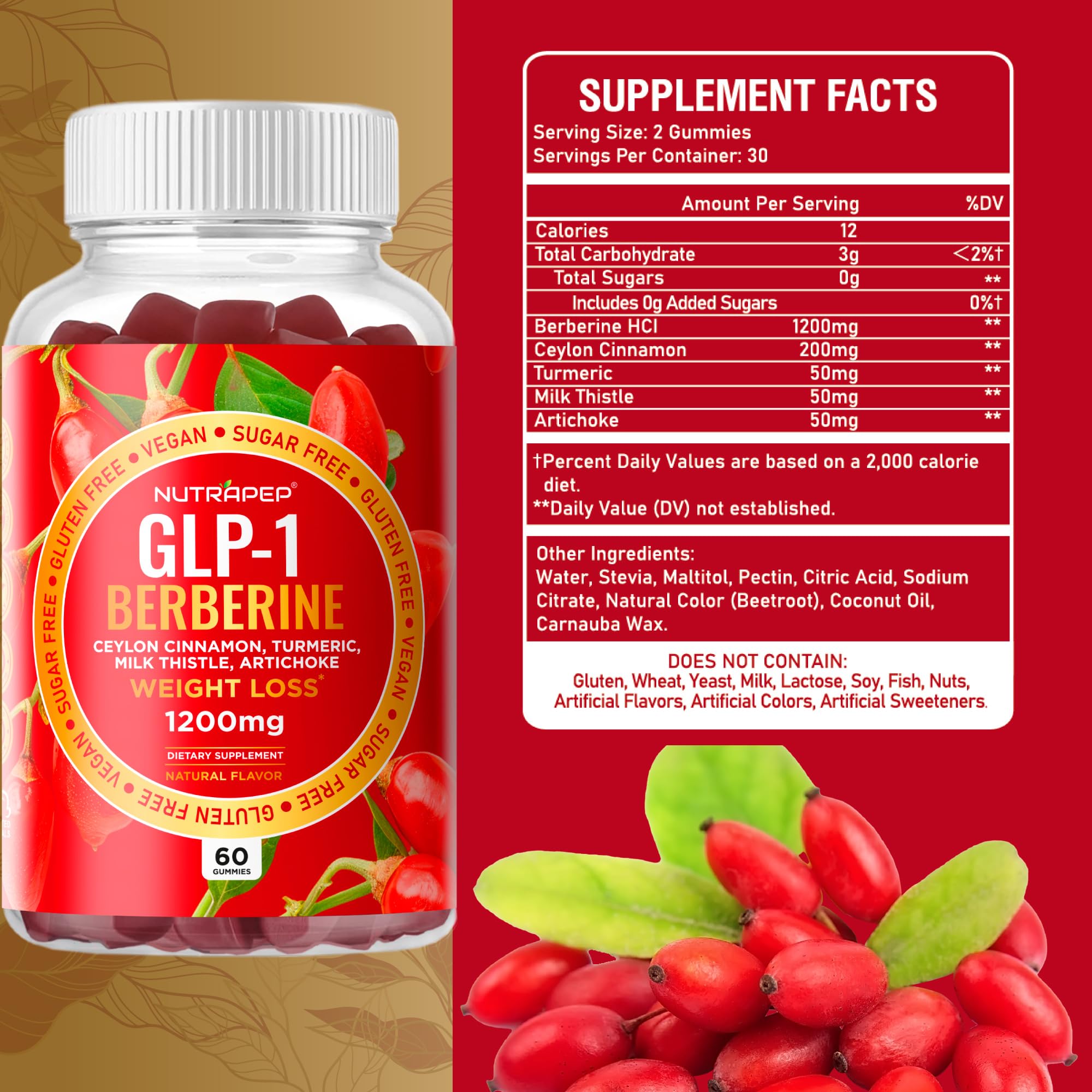 NutraPep Berberine gummies ingredients panel highlights cinnamon, turmeric, milk thistle, artichoke.