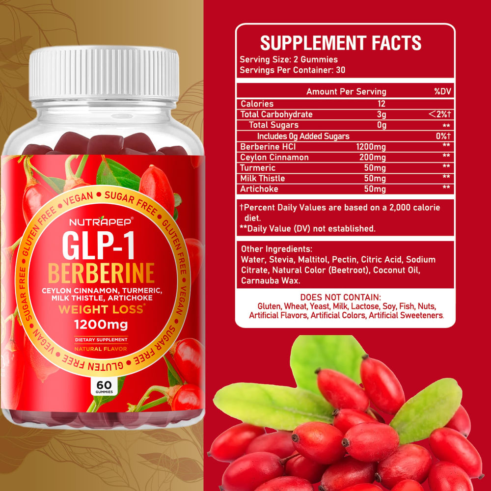 NutraPep Berberine gummies ingredients panel highlights cinnamon, turmeric, milk thistle, artichoke.