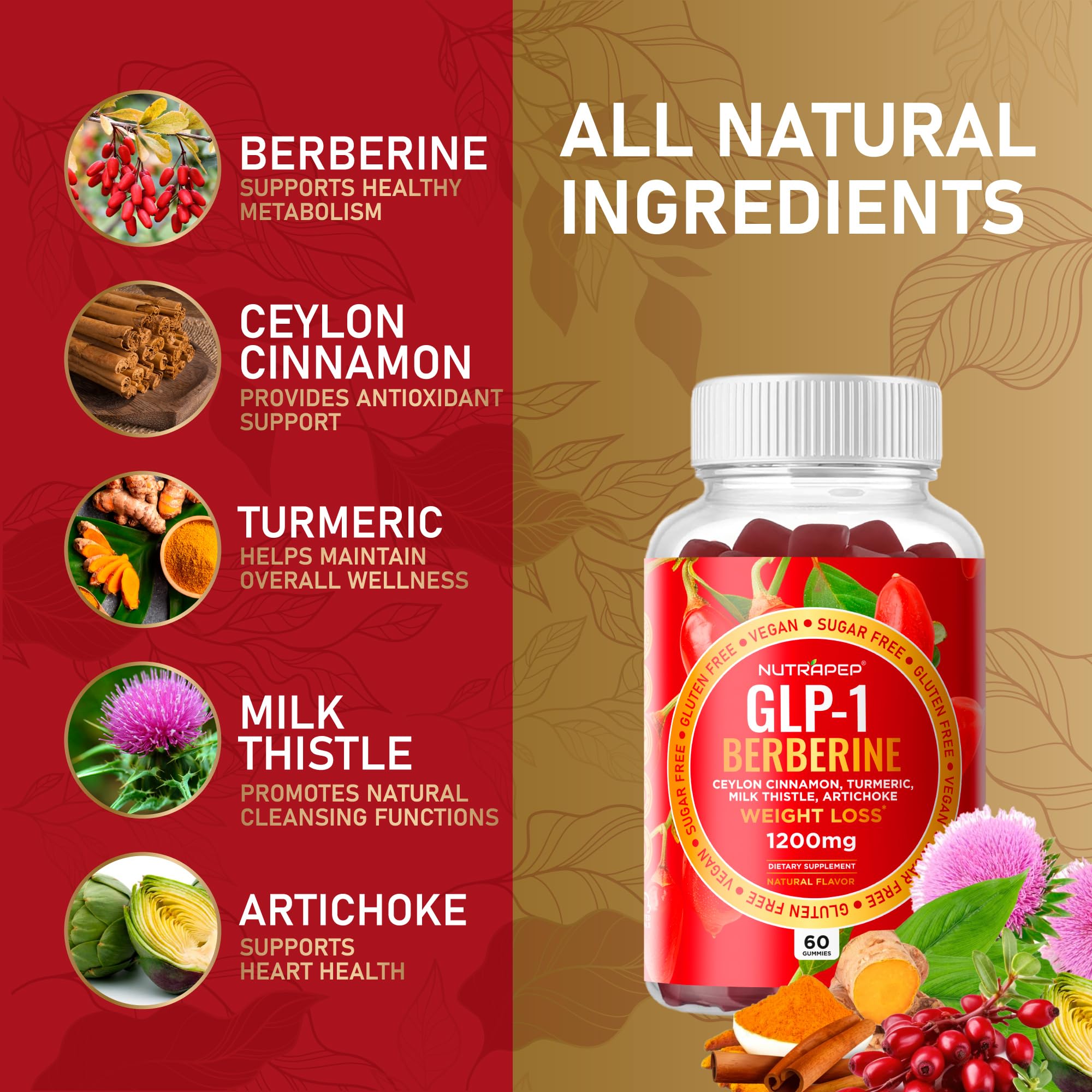 NutraPep Berberine gummies serving illustrates daily intake.
