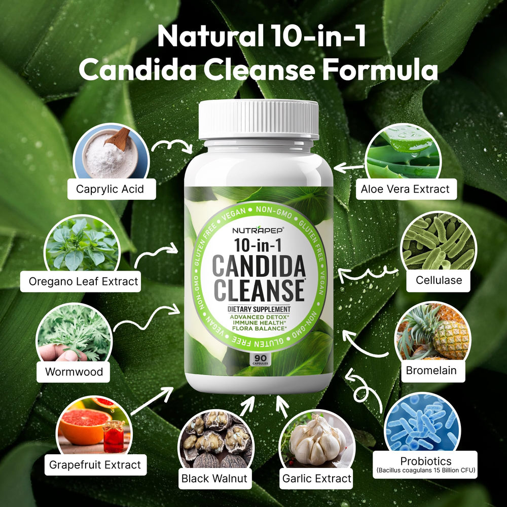 NutraPep Candida Cleanse bottle label highlighting vegan clean ingredients
