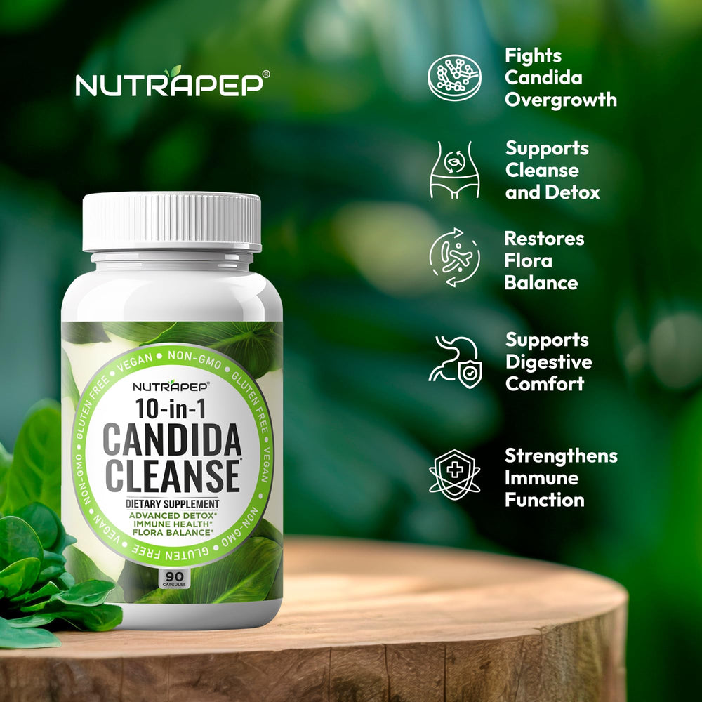 NutraPep Candida Cleanse capsules close-up with vegan allergen-free formula