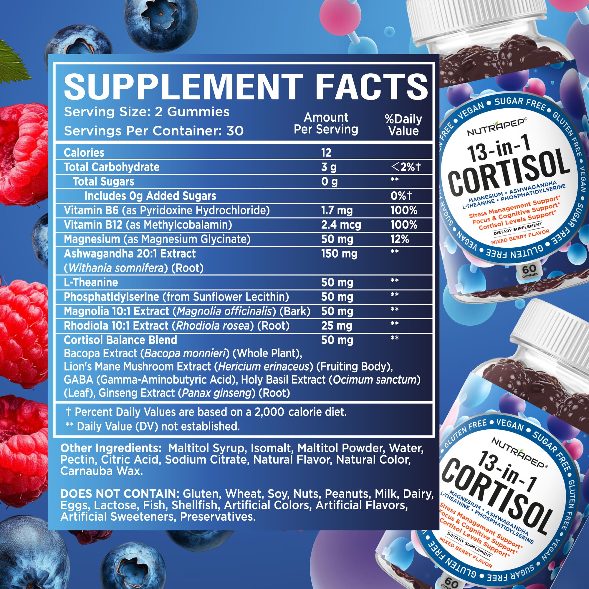 NutraPep Cortisol Gummies gluten-free and allergen-friendly labeling on packaging.