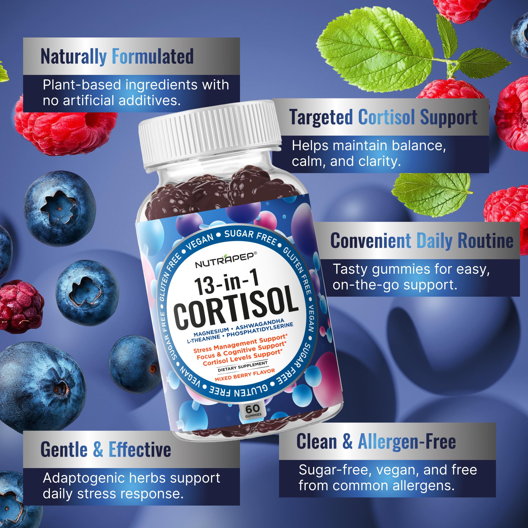 NutraPep Cortisol Gummies packaging emphasizes vegan and sugar-free formula.