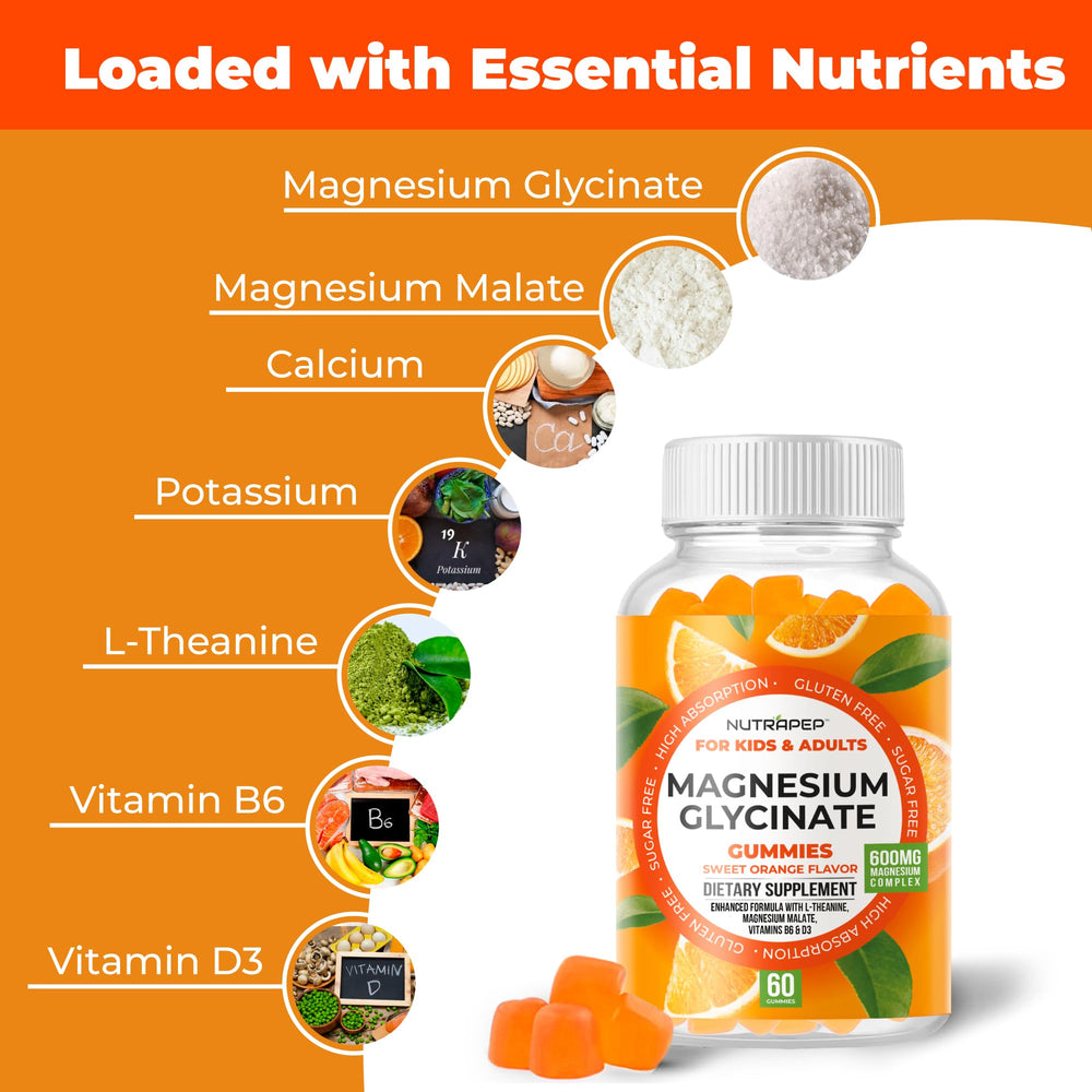 NutraPep Magnesium Glycinate Gummies close-up featuring colorful chews for adults and kids’ daily use.