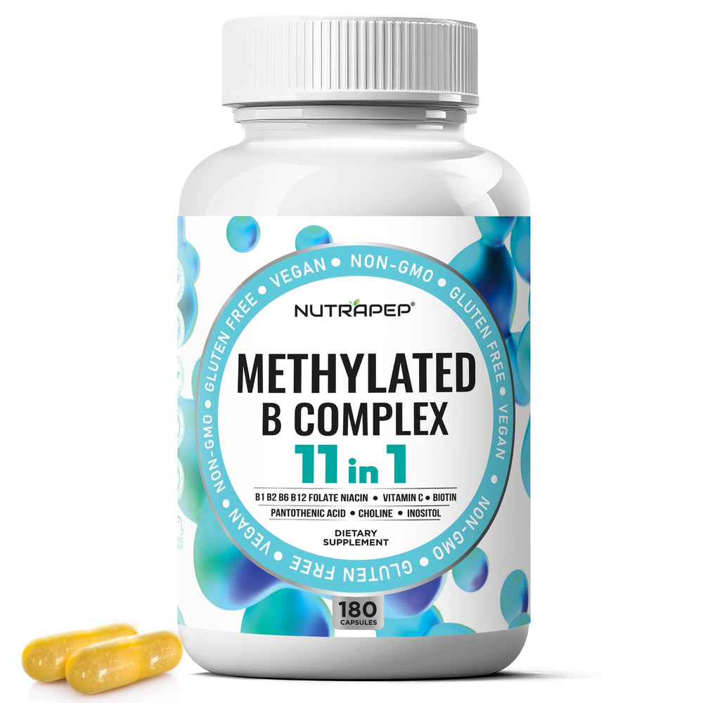 NutraPep Methylated B Complex bottle-front shows vegan, gluten-free multivitamin support.