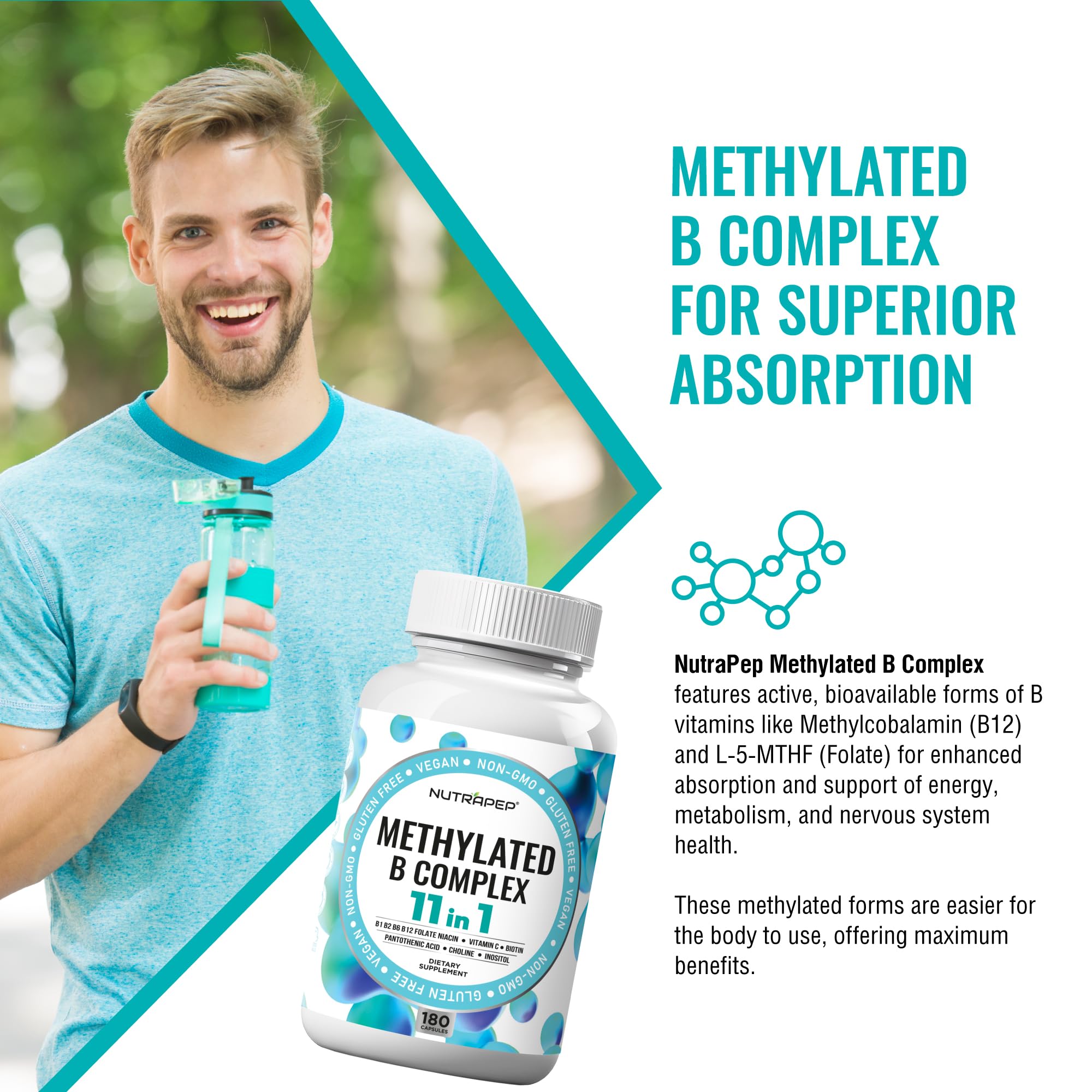 NutraPep Methylated B Complex bottle-pour captures convenient daily capsule intake.