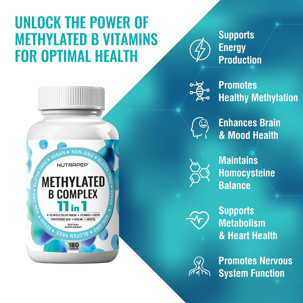 NutraPep Methylated B Complex capsules-closeup shows coated, easy-to-swallow capsules.