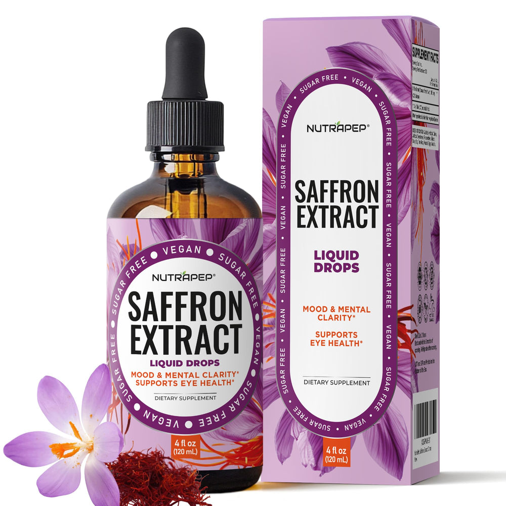 NutraPep Saffron Extract Drops bottle on desk for daily mood support.
