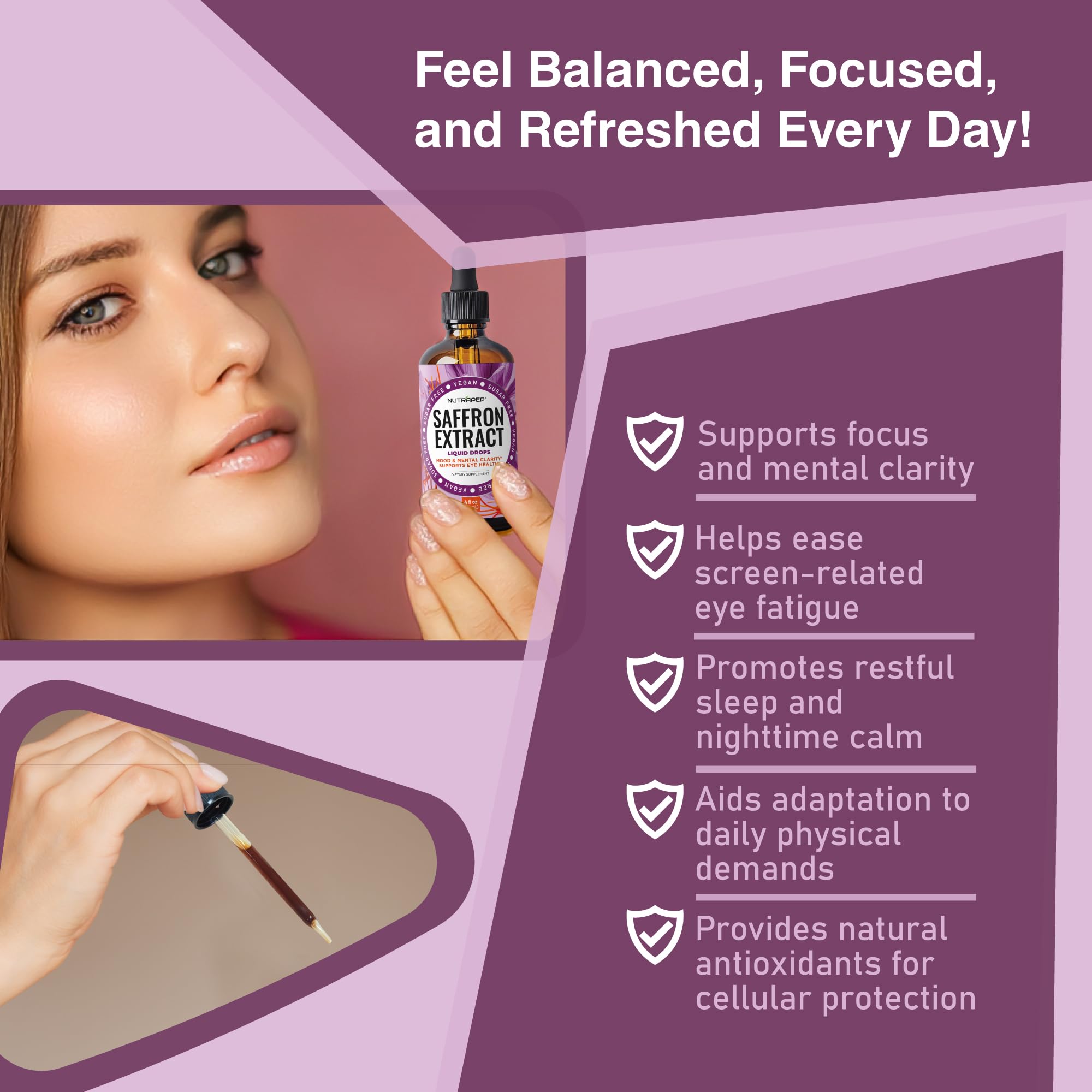 NutraPep Saffron Extract Drops stirred into water for easy daily use.
