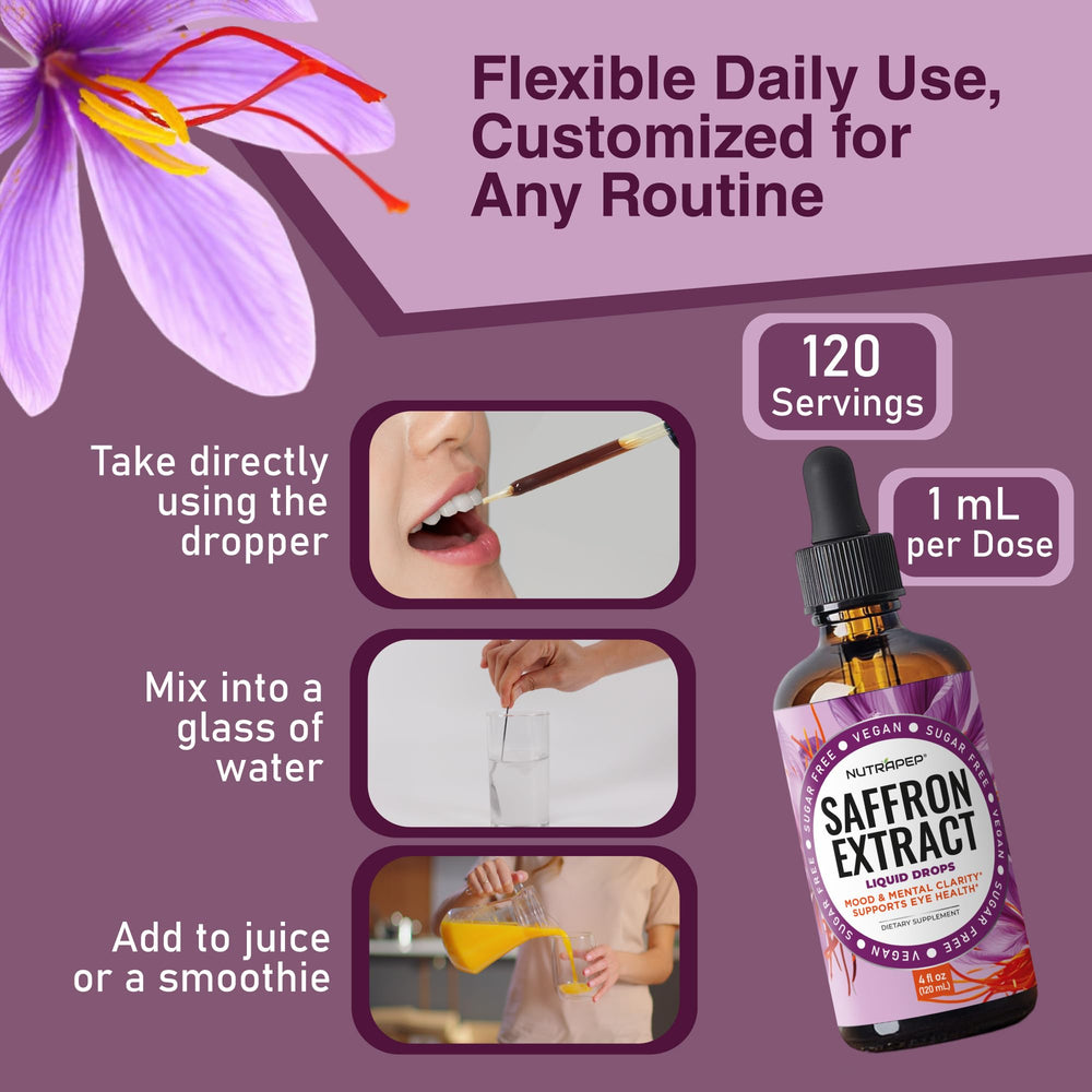NutraPep Saffron Extract Drops ingredients panel shows alcohol-free vegan formula.