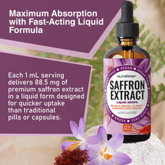 NutraPep Saffron Extract Drops label highlights vegan and non-GMO attributes.