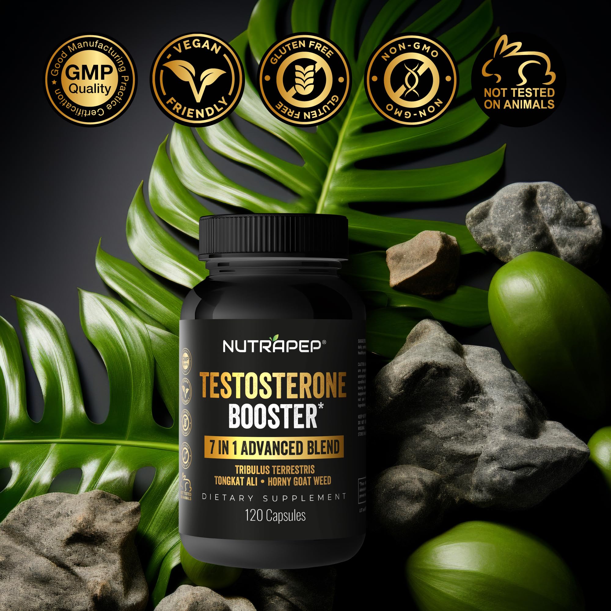 NutraPep Testosterone Booster daily use with bottle and measuring cap.