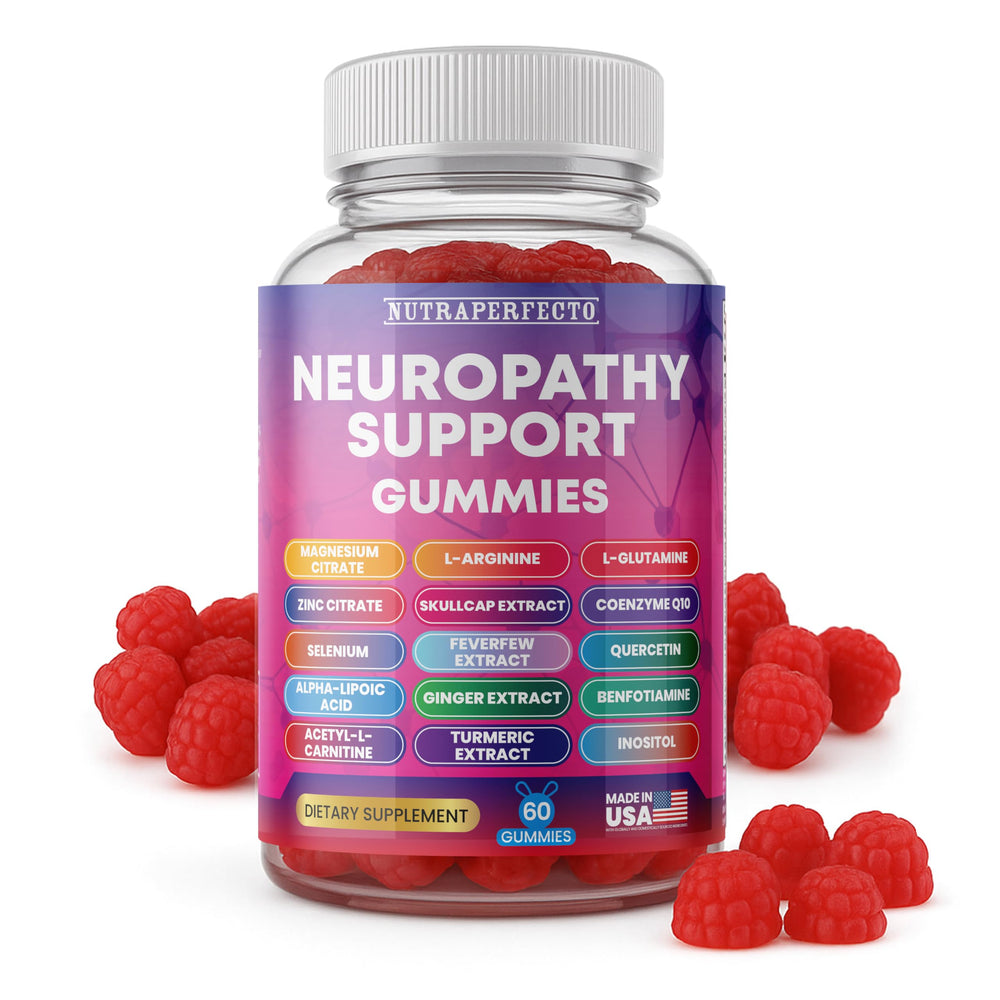 NutraPerfecto SugarFree Neuropathy Gummies bottle promotes nerve health support.