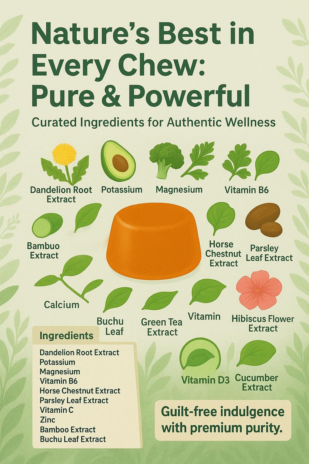 NutraPerfecto Water Retention Gummies ingredients chart featuring dandelion, parsley, and green tea