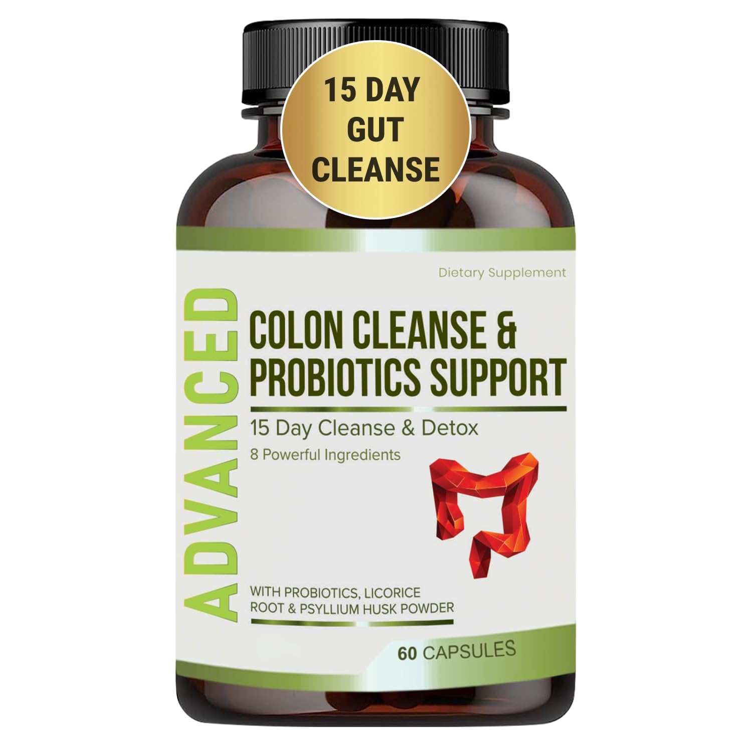 NutraPro 15-day gut cleanse bottle with easy-to-swallow capsules for gentle daily detox