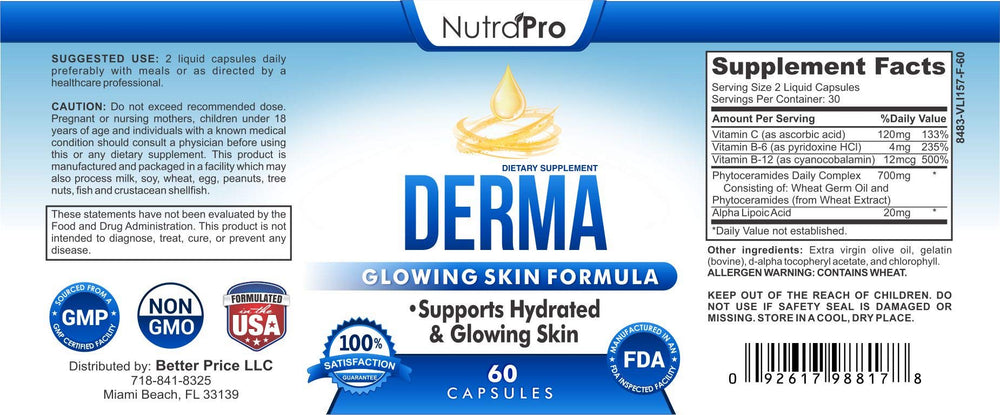 NutraPro Dermal Repair ingredients panel spotlighting phytoceramides and antioxidants for skin health.
