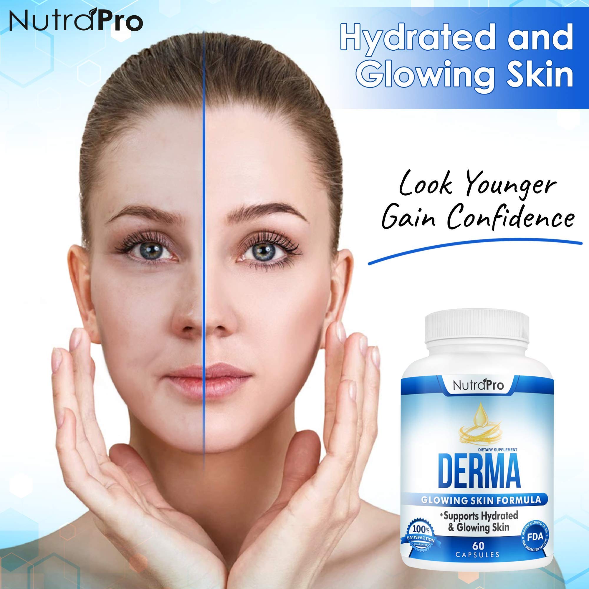 Pouring NutraPro Dermal Repair Complex suggesting a simple daily routine for glow.