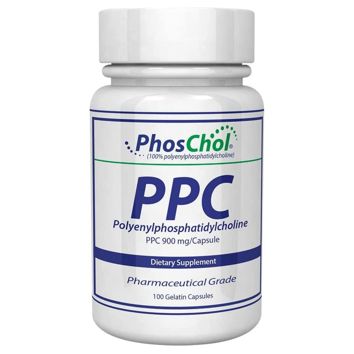 Nutrasal PhosChol 900mg bottle with gel capsules highlighting PPC from soy lecithin for daily lipid support.