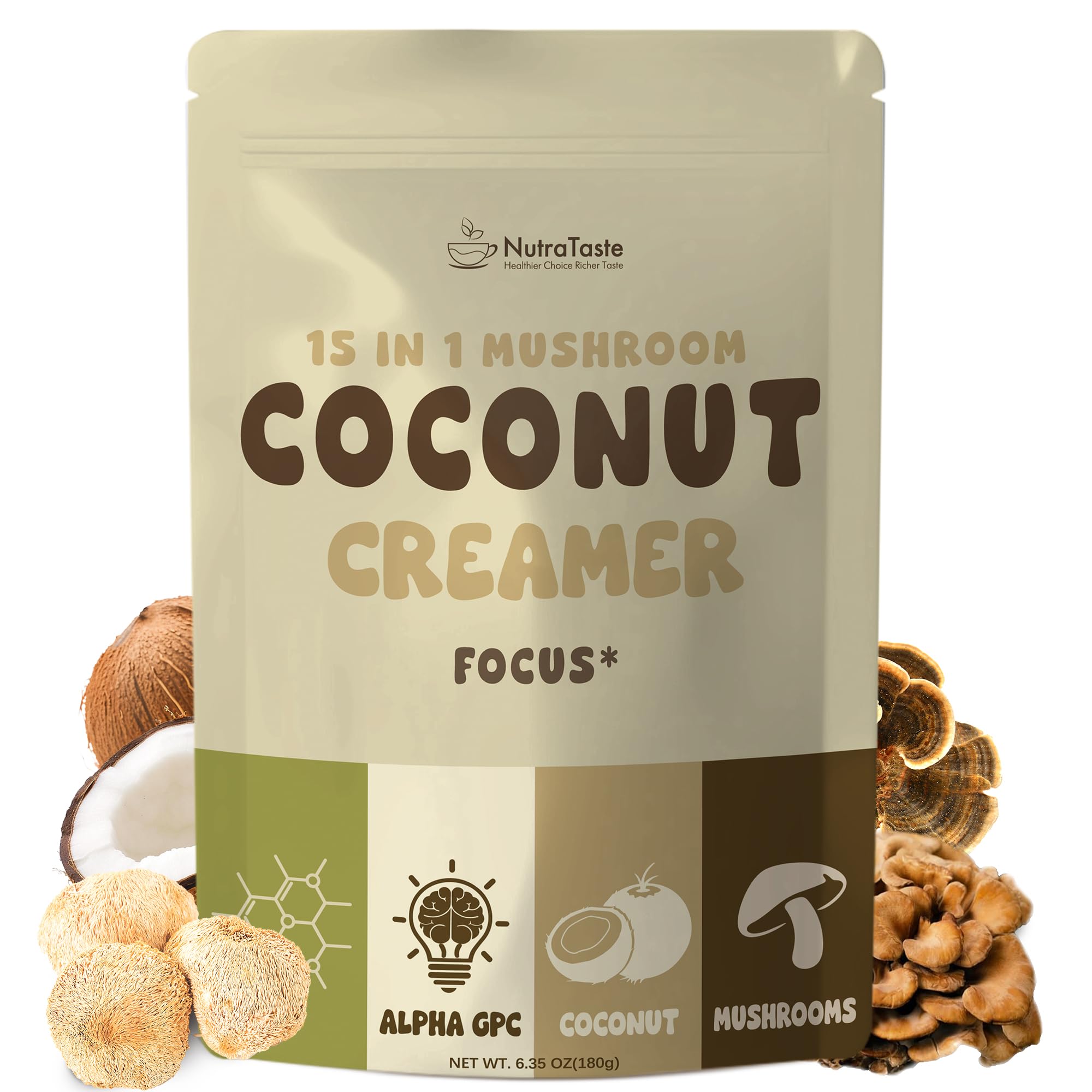 Nutrastaste 15-in-1 mushroom coconut creamer being poured into coffee