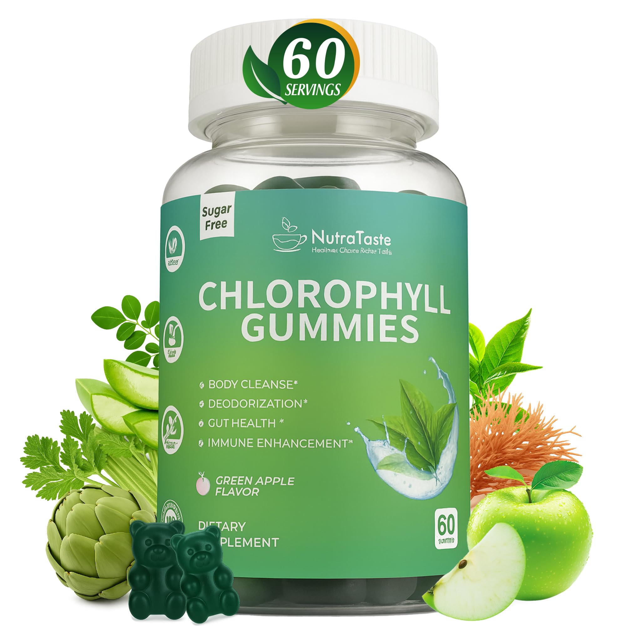Nutrastaste Chlorophyll Gummies bottle with green apple flavor for daily wellness