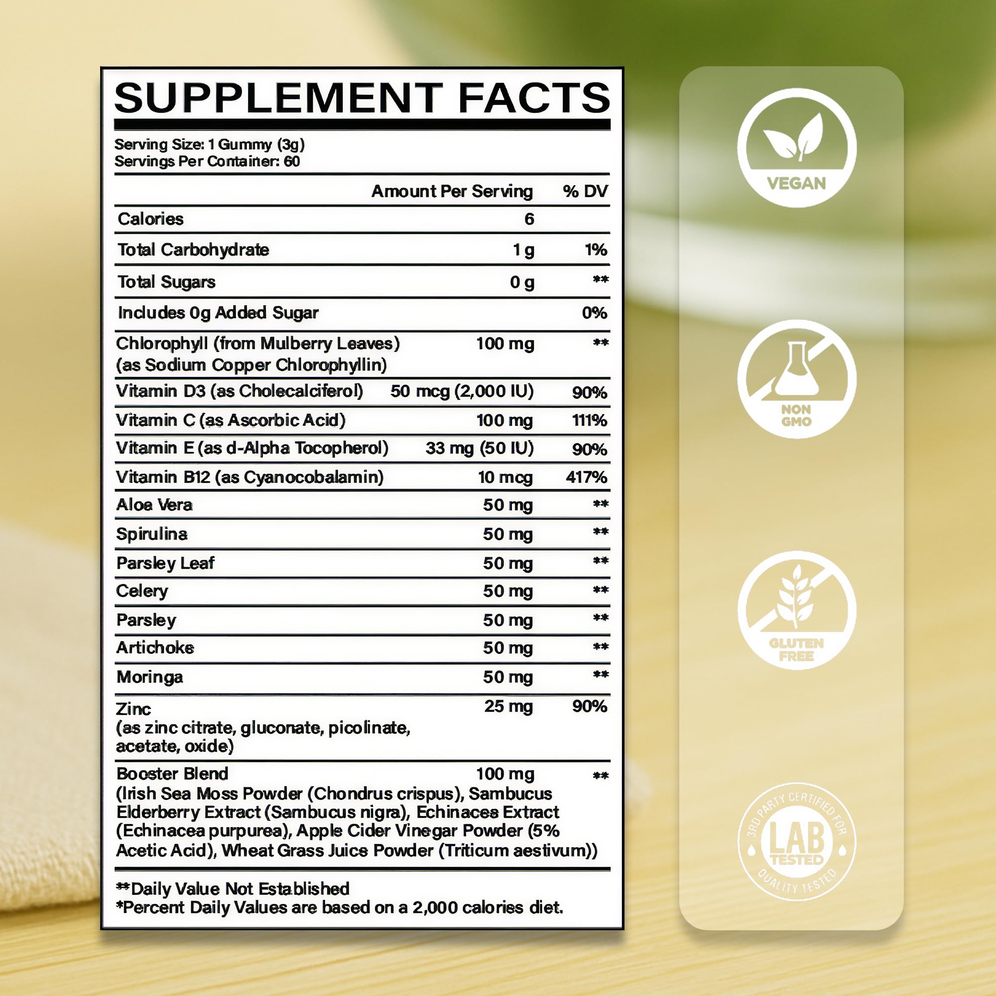 Nutrastaste Chlorophyll Gummies label close-up showing ingredients and vegan formula