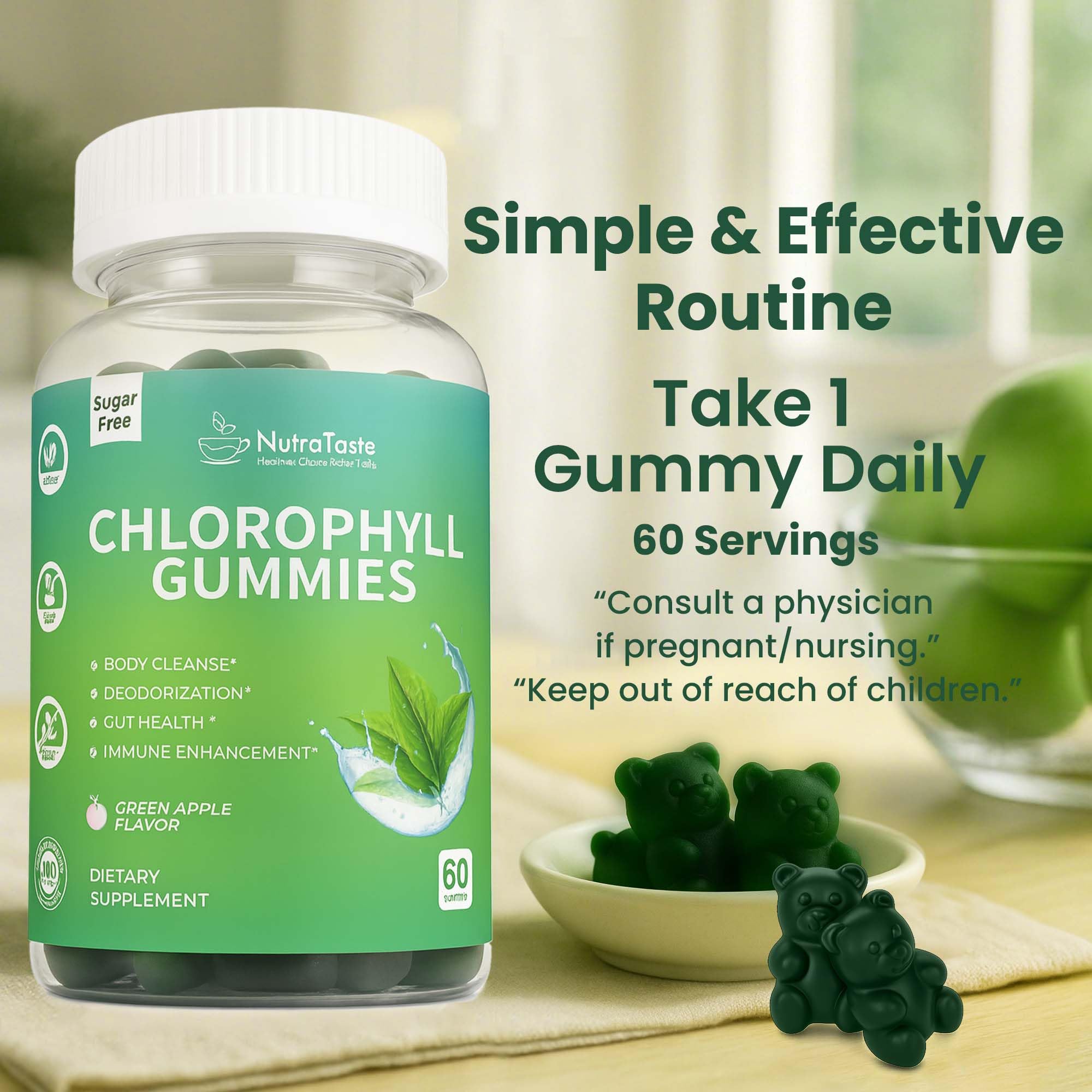 Nutrastaste Chlorophyll Gummies packaging spotlight for travel-friendly use