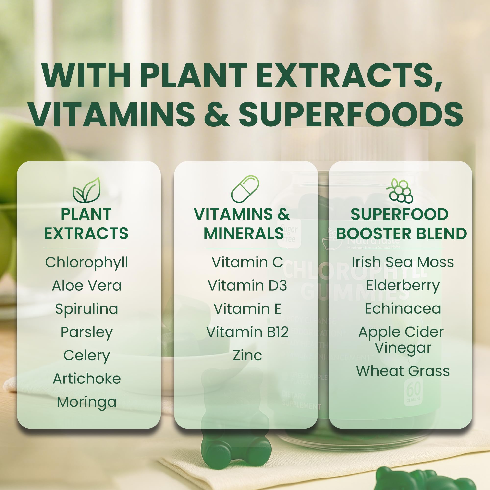 Nutrastaste Chlorophyll Gummies on a plate for easy daily dose