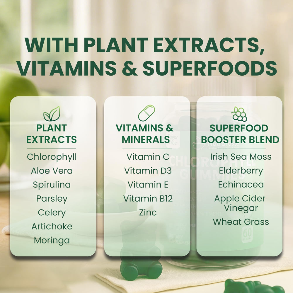 Nutrastaste Chlorophyll Gummies on a plate for easy daily dose