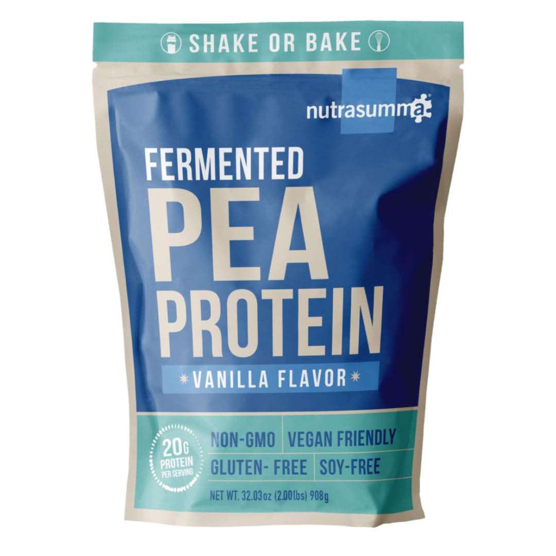 Nutrasumma vanilla pea protein bottle showing dairy-free, gluten-free, soy-free formula benefits