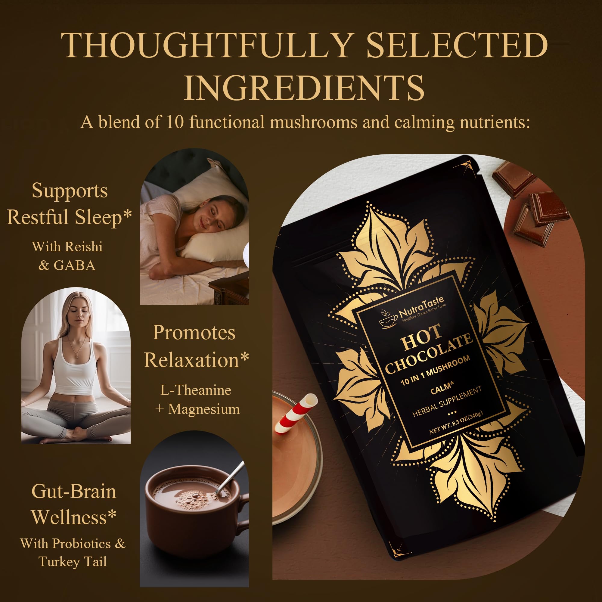 Nutrataste 10-mushrooms blend illustration showcases adaptogens for balanced mood and focus.