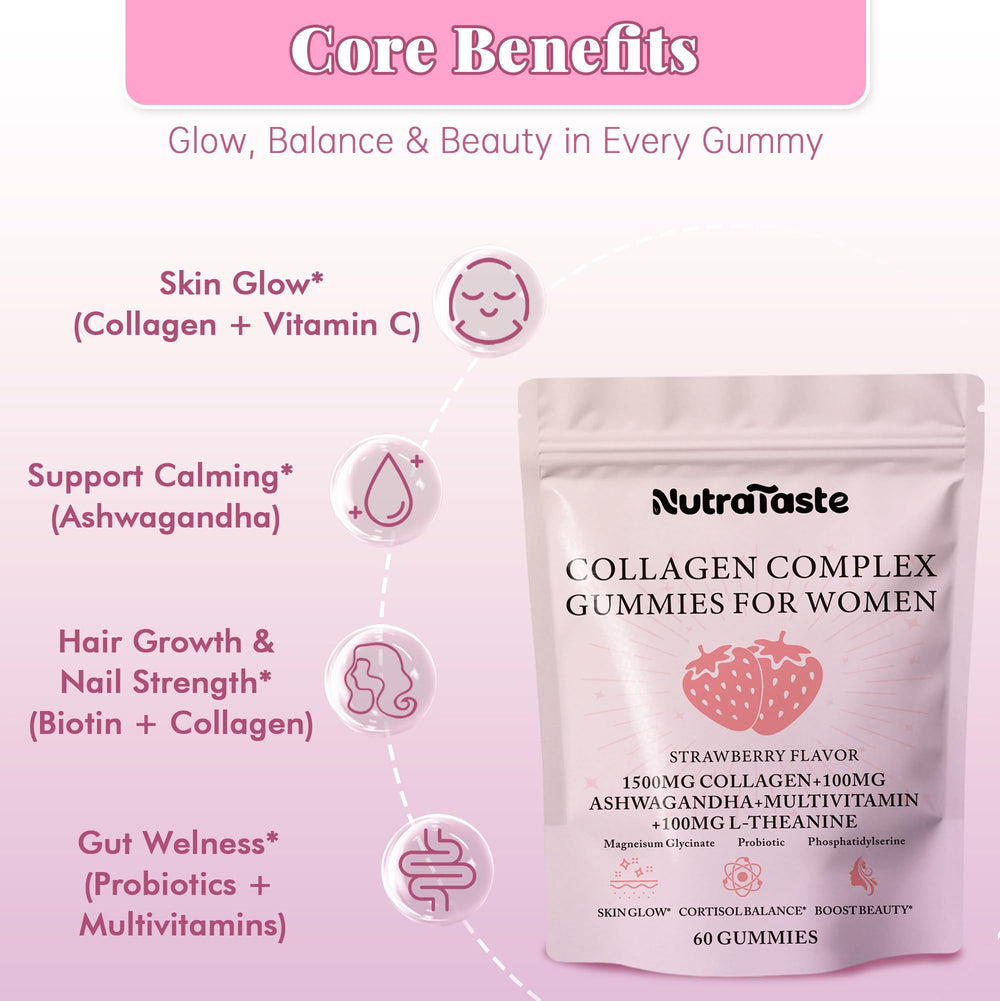 NUTRATASTE Ashwagandha probiotic blend packaging signals balanced wellness and gut comfort.