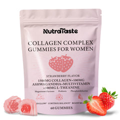 NUTRATASTE Collagen Gummies strawberry bottle supports skin, hair, and nails.