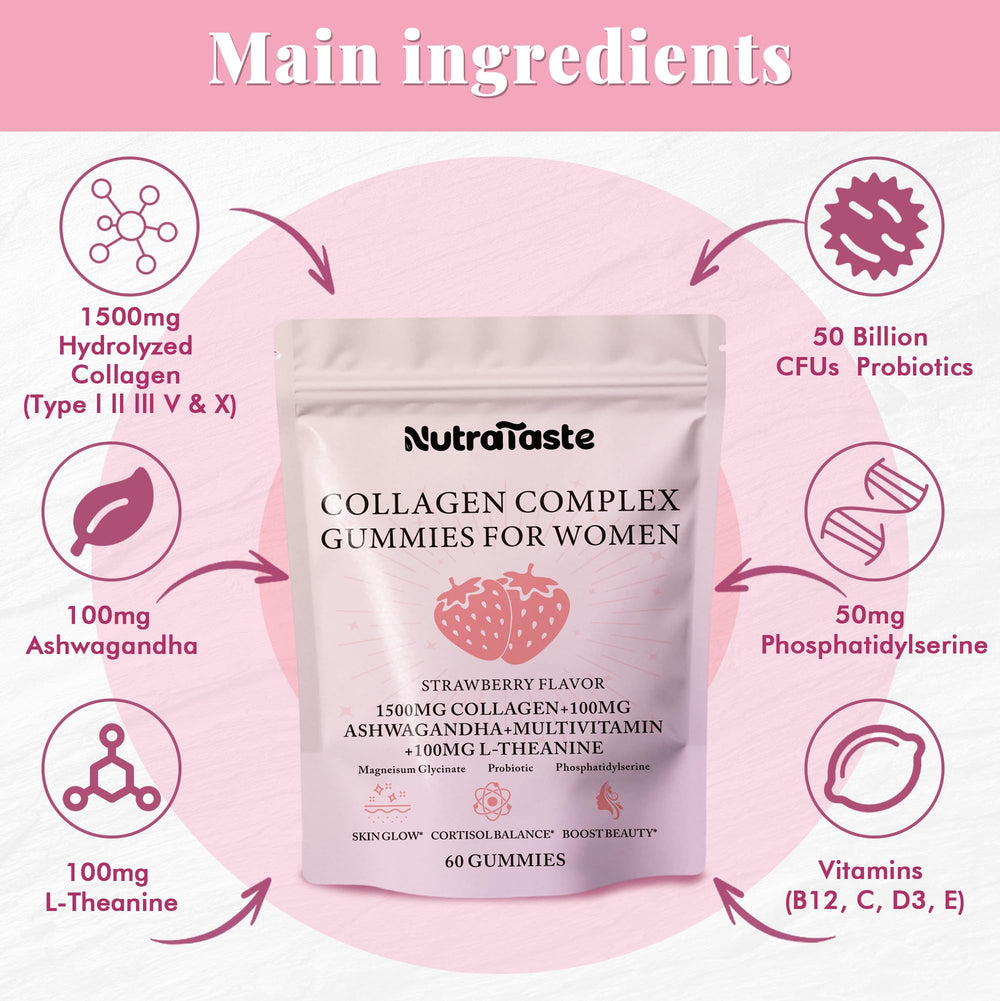 NUTRATASTE Collagen Gummies close-up shows strawberry texture for daily beauty.